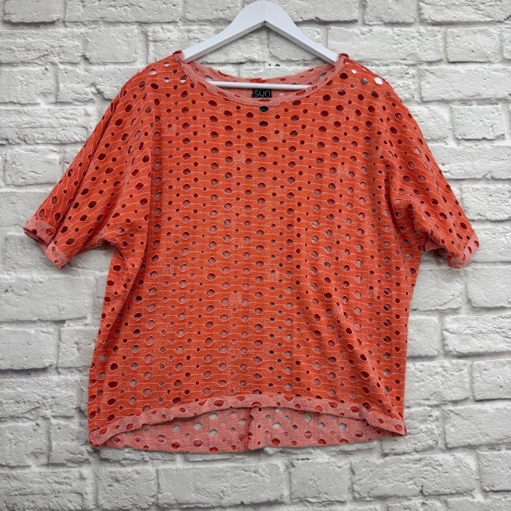 Clara Sunwoo Oversized Laser-Cut Perforated Knit Top - Coral/Orange XS - Picture 2 of 12